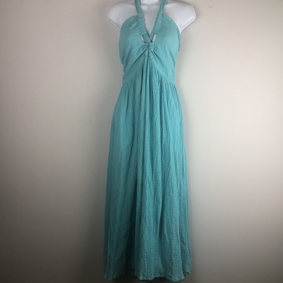 Mara Hoffman Swim Annika Searsucker Halter Tie Cutout Blue Smocked S Dress - Picture 2 of 16